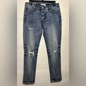 Kancan distressed denim jeans, size 11/29. 98% cotton, blue wash, button fly.